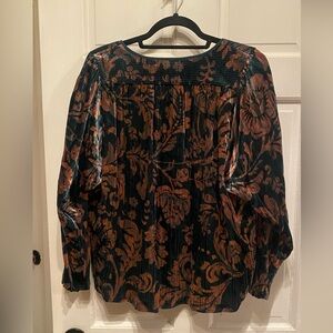 Anthropologie women’s blouse blue teal pink floral velvet